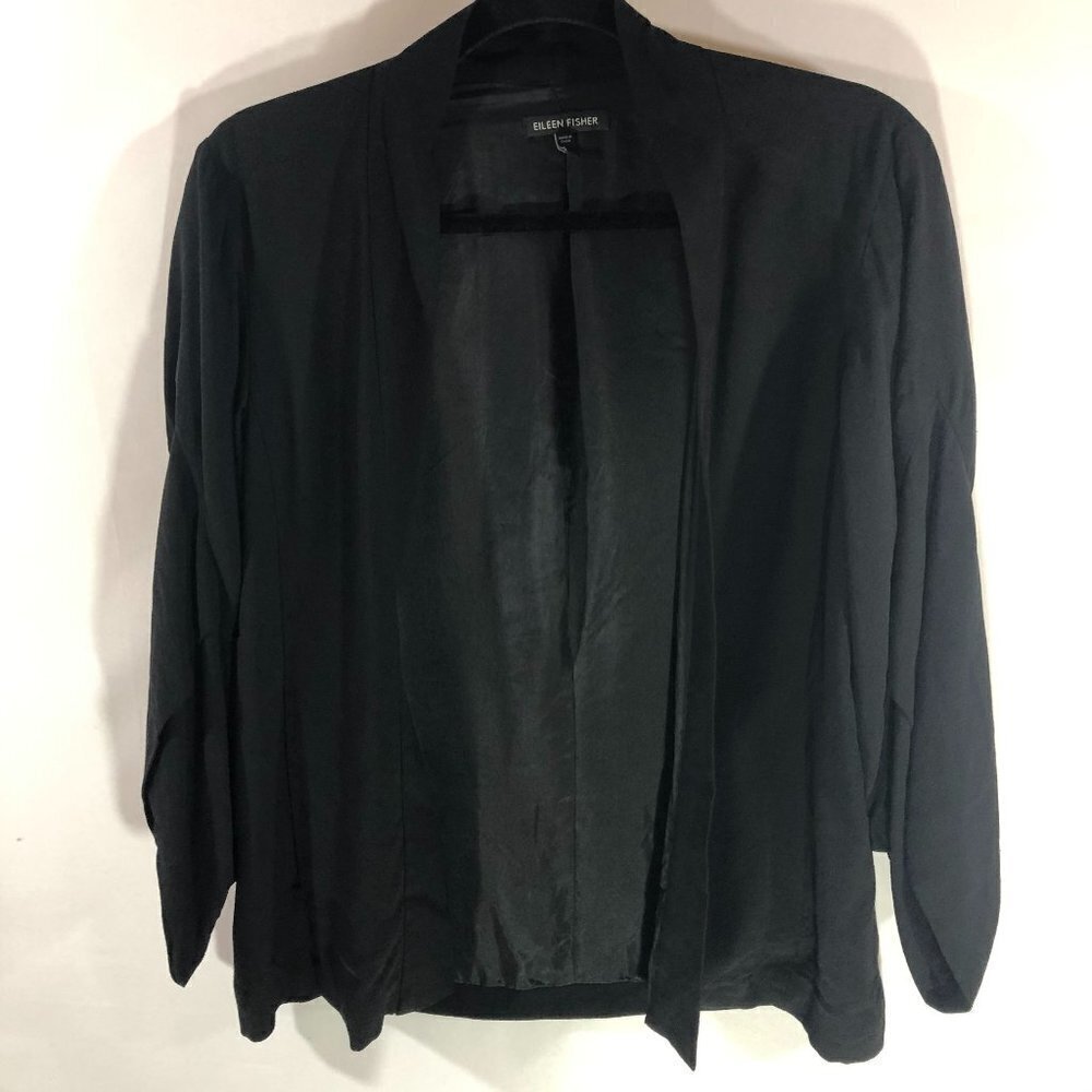 Eileen Fisher Open Black Shrug/Cardigan 100% Silk  XS Minimalist quiet luxury